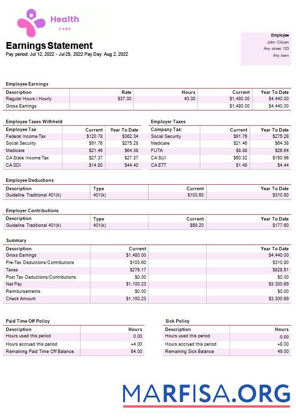 Realistic Health services company paystub download for verification